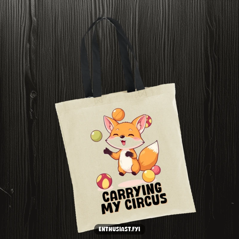 Funny fox tote bag showcasing a small fox masterfully juggling colorful balls, perfect for shopping and carrying essentials with a humorous touch.