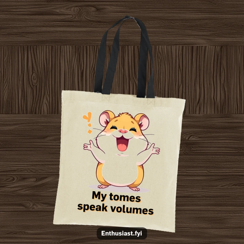 Funny Tote Bag with a passionate hamster character animatedly explaining, symbolizing communication and enthusiastic sharing.