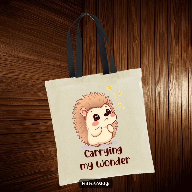Funny tote bag with a thoughtful hedgehog, look of wonder, watching magical fireflies, perfect for carrying daily items.
