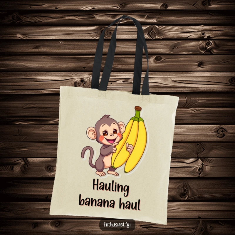 Funny Monkey Tote Bag: A curious monkey enthusiastically points at a pile of bananas, perfect for carrying groceries with jungle flair, a funny gift.