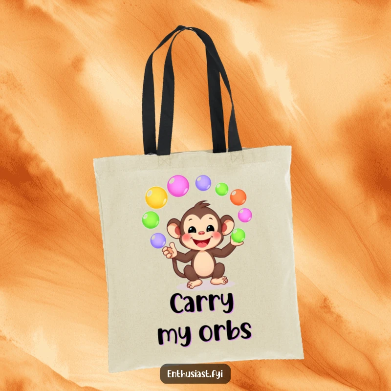 Funny tote bag with a smiling monkey character juggling colorful, glowing orbs, perfect for carrying daily items with playful flair.