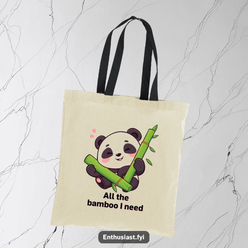 Funny tote bag with a proud panda, happy sigh, enthusiastically hugging a large bamboo stalk, ideal for daily use.