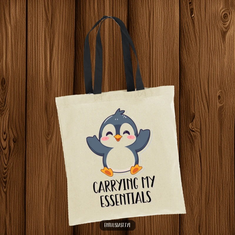 Funny tote bag featuring a playful penguin character enthusiastically waving both flippers, perfect for carrying items with a friendly and cheerful touch.
