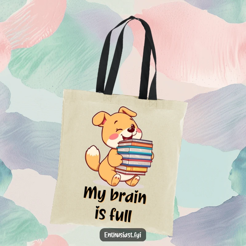 Funny dog tote bag with a cheerful pup holding a massive pile of books, ideal for carrying literary adventures.