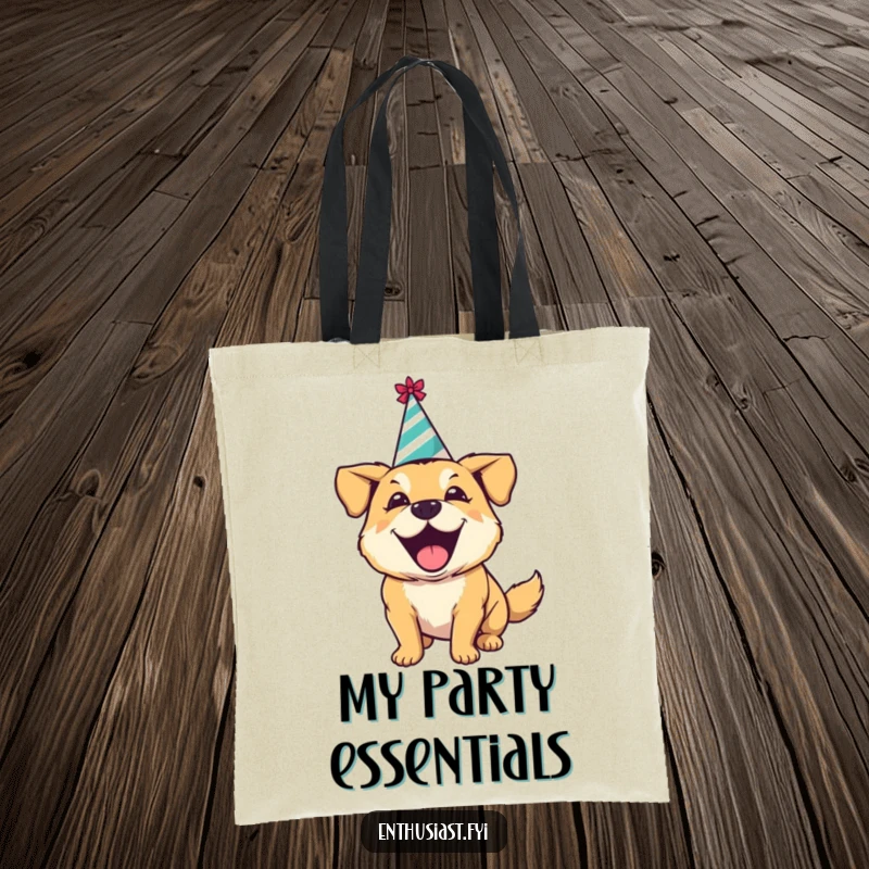 Funny tote bag with an excited dog in a party hat, happily barking, perfect for carrying essentials with a festive touch.
