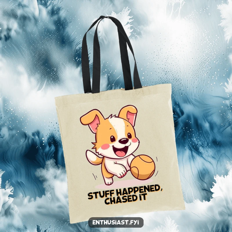 Funny dog tote bag with a happy dog's tail wagging furiously while excitedly chasing a bouncing ball, a playful accessory.